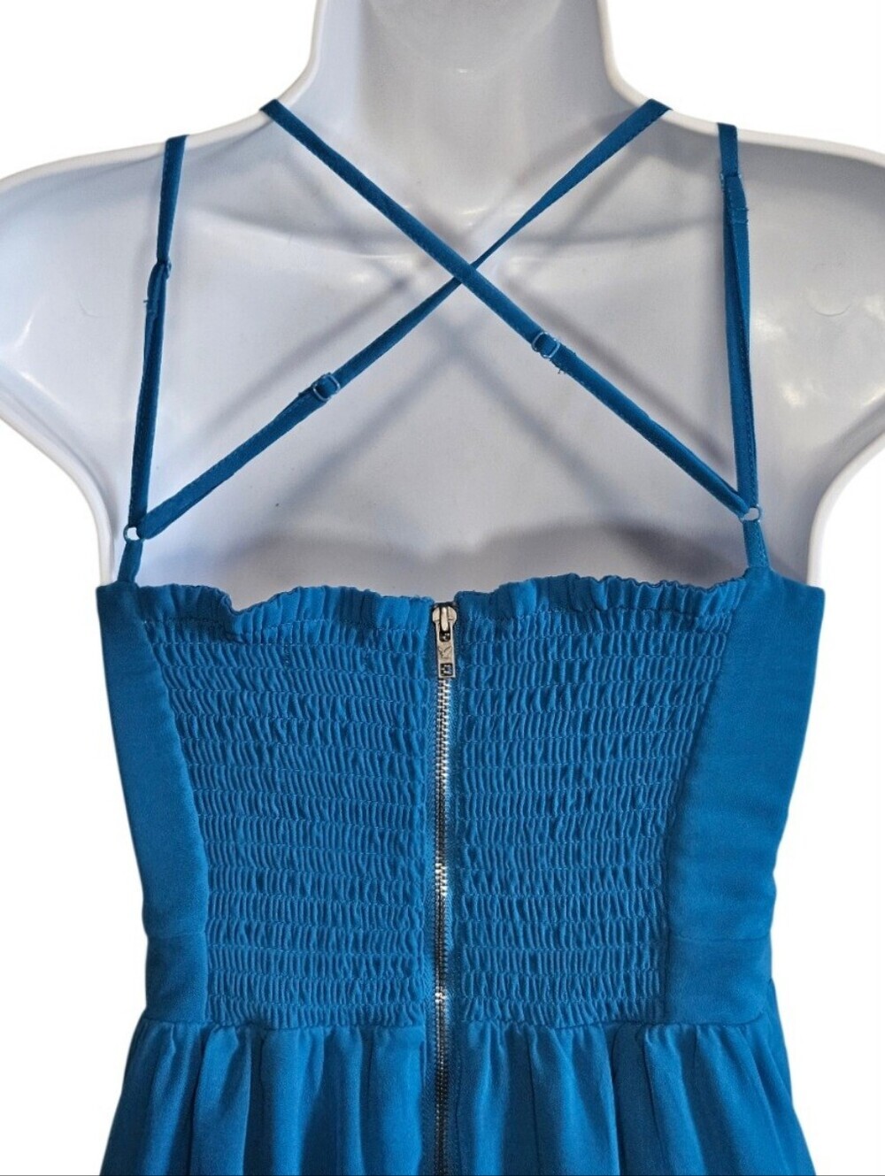 0088 American Eagle Blue Maxi Dress Size Medium Bustier Bodice Cross Back Straps - Picture 5 of 13